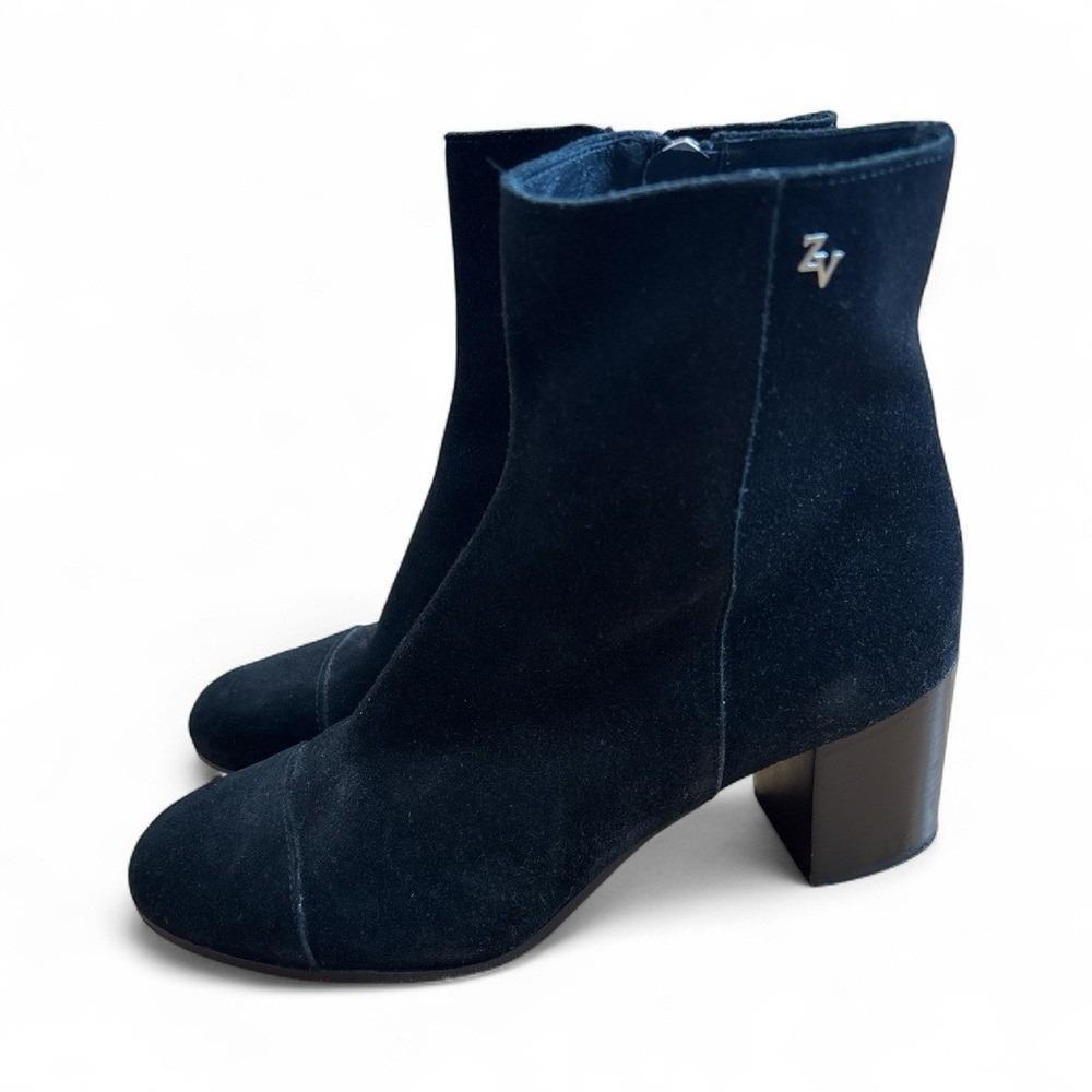 Zadig & Voltaire Tyler Black Suede Ankle Boots Block Heel ZV Logo Size 38 Italy